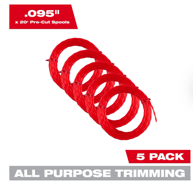 49-16-2782 Milwaukee 5 Pack Of 20' Pre-Cut .095 Trimmer Line