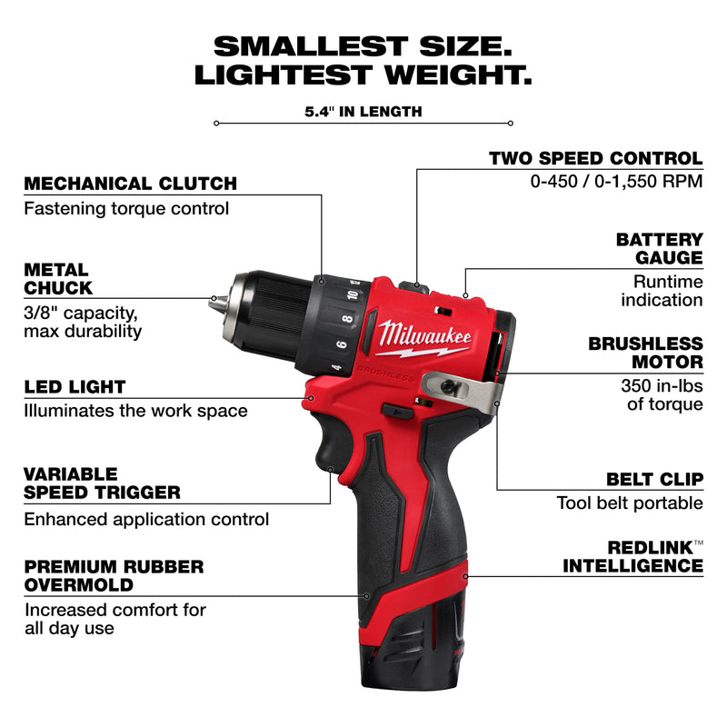 3401-22 Milwaukee M12 Subcompact Brushless 3/8" Drill / Driver Kit