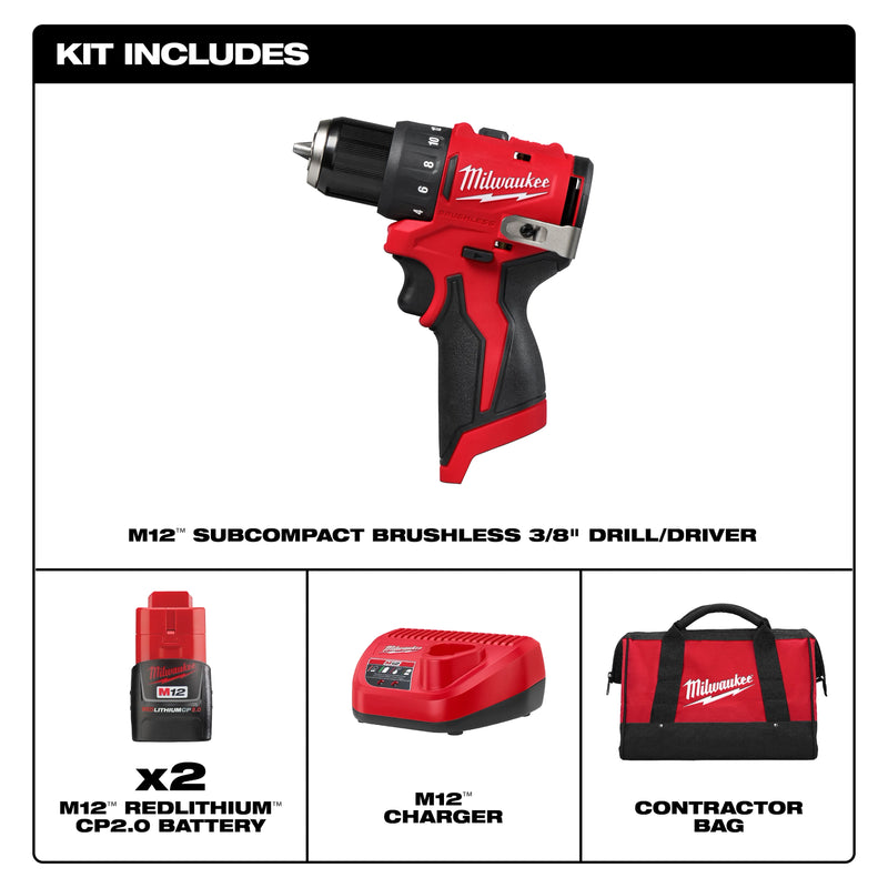 3401-22 Milwaukee M12 Subcompact Brushless 3/8" Drill / Driver Kit