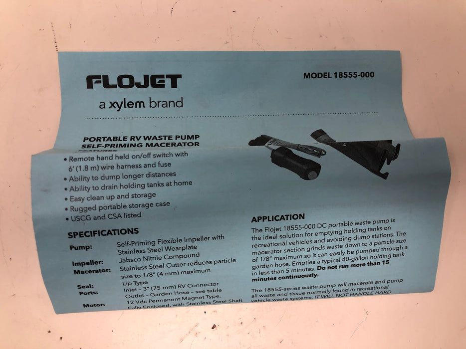 18555 Flojet Portable RV Waste Pump Self Priming Macerator + Case
