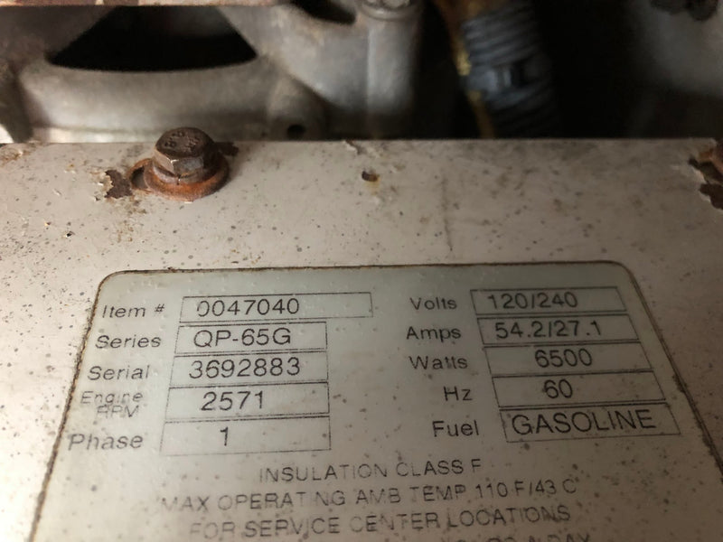 004704-0 Generac Quietpact 65G Gasoline RV Generator (Used, for Parts or Repair)