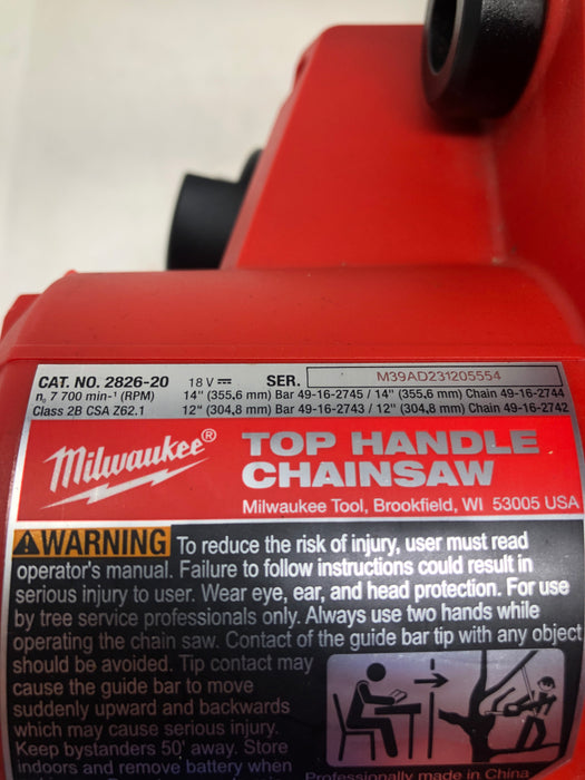 2826-20 Milwaukee M18 FUEL 12" Top Handle Chainsaw (USED)