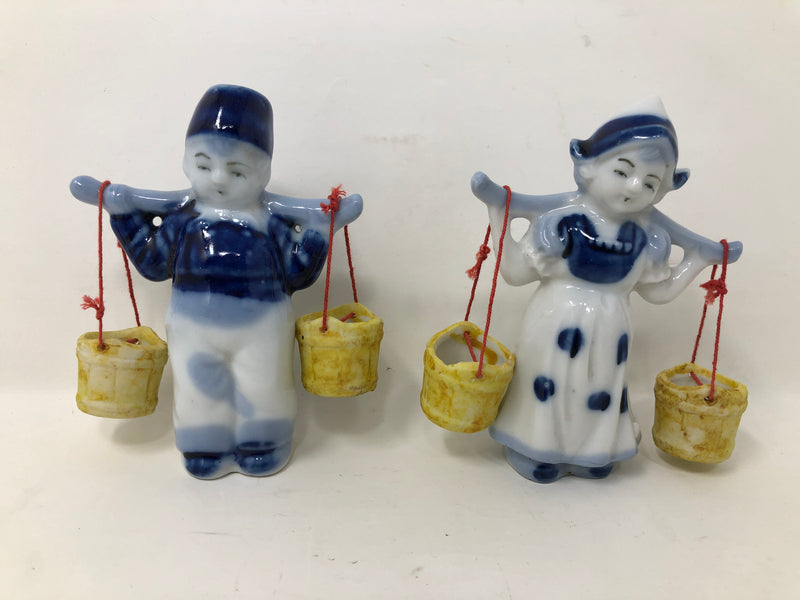 Vintage Japan Dutch Boy Girl Blue White Pail Milk Maid Water Buckets Yoke