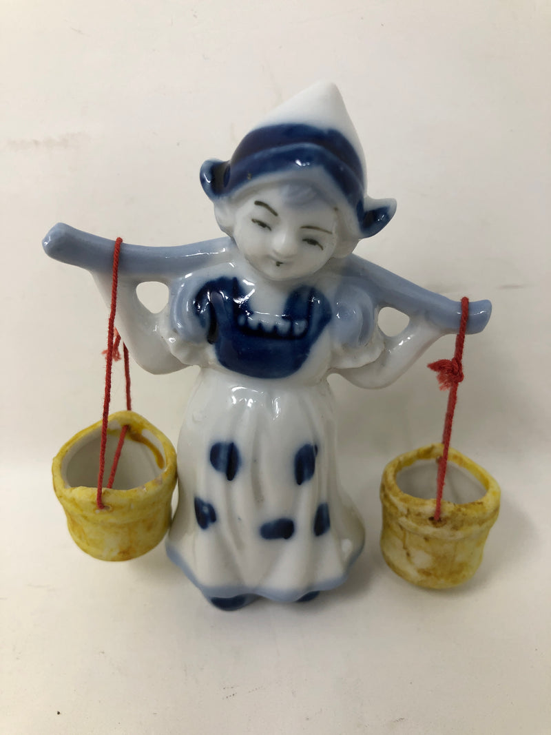 Vintage Japan Dutch Boy Girl Blue White Pail Milk Maid Water Buckets Yoke