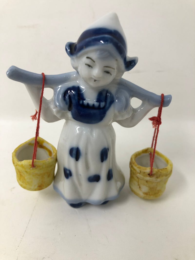 Vintage Japan Dutch Boy Girl Blue White Pail Milk Maid Water Buckets Yoke