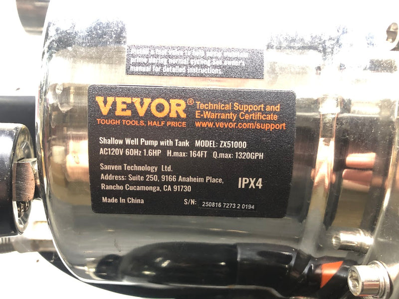 ZX51000 Vevor Shallow Well Pump with 5 Gal Tank