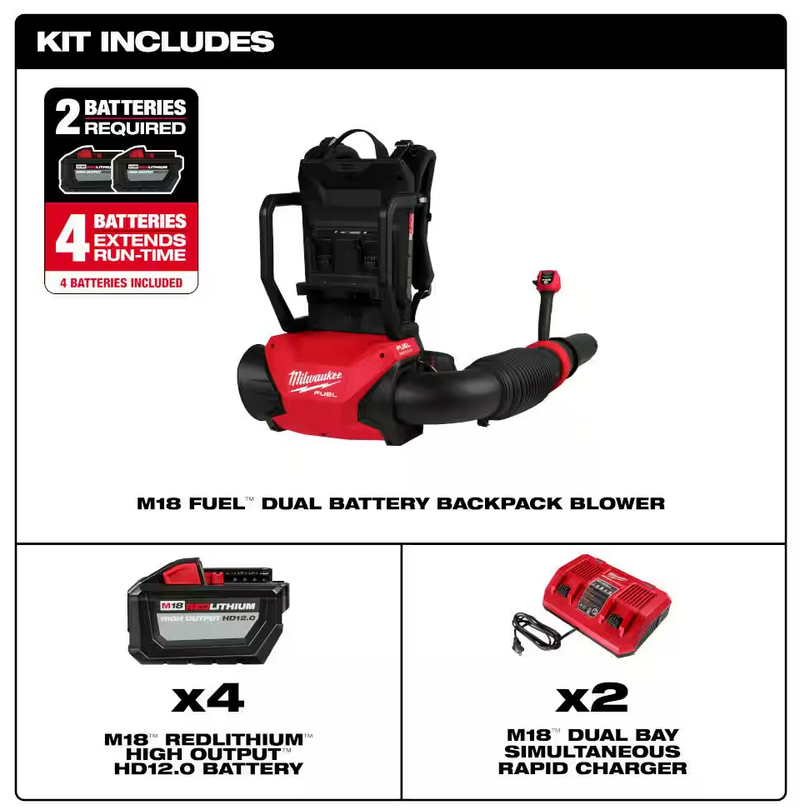3009-24HD Milwaukee M18 Fuel Dual Battery Backpack Blower Kit