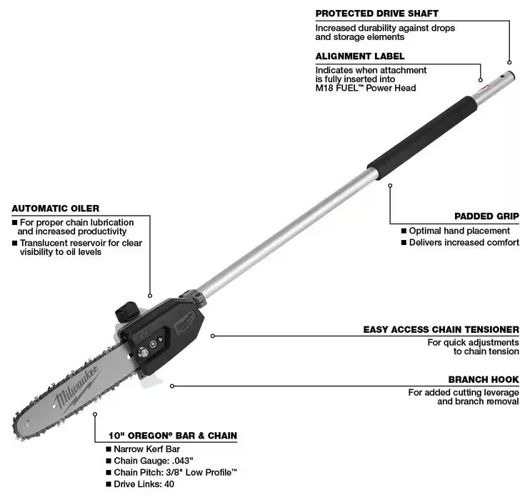 49-16-2720 Milwaukee M18 FUel QUIK-LOK 10" Pole Saw Attachment