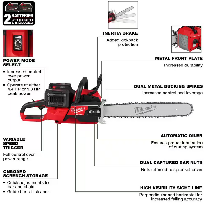 2827-22 Milwaukee M18 Fuel 20" Dual Battery Chainsaw Kit