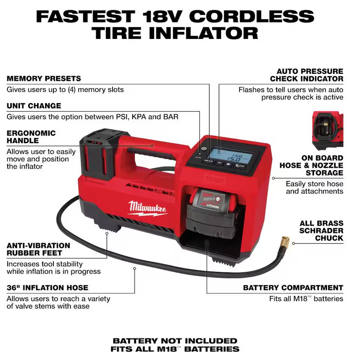 2848-20 Milwaukee M18 18V Cordless Tire Inflator (Tool Only)