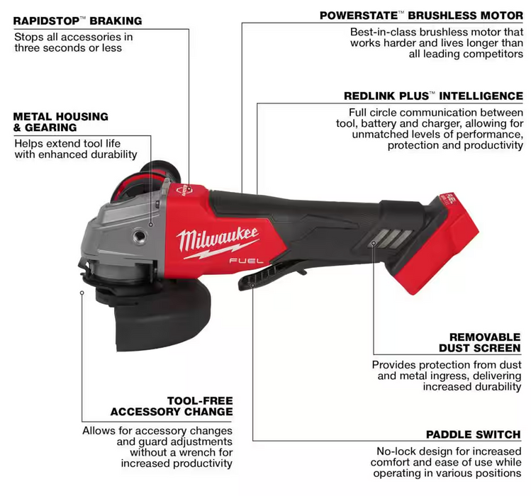 2880-20 Milwaukee M18 Fuel 4-1/2" / 5" Braking Grinder Paddle Switch, No Lock (Tool Only)