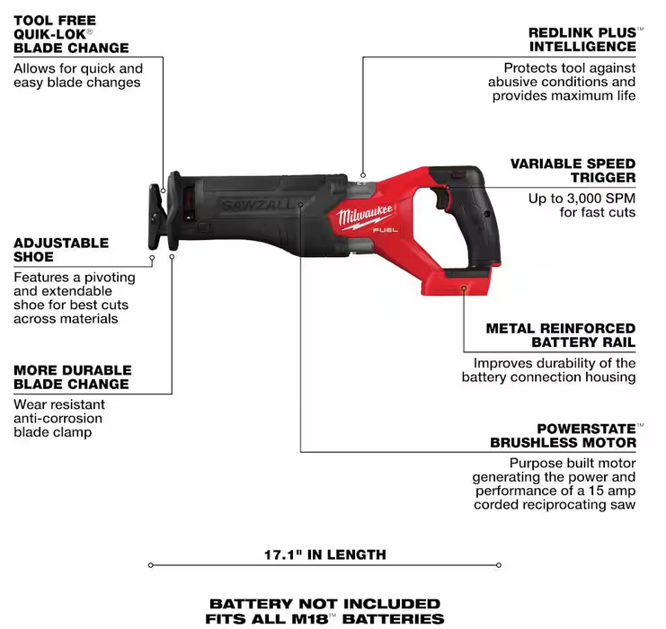 2821-20 Milwaukee M18 Fuel SAWZALL Recip Saw (Tool Only)