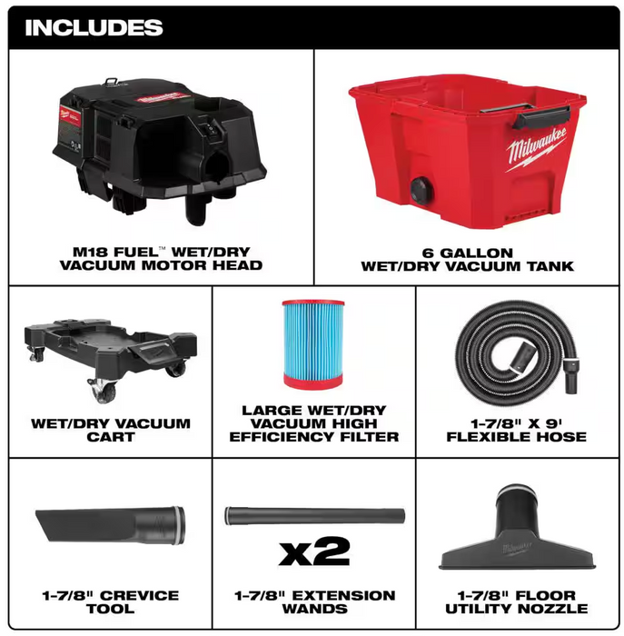 0910-20 Milwaukee M18 Fuel 6 Gallon Wet/Dry Shop Vac w/ Accessories