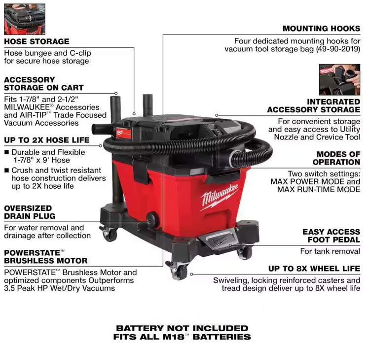 0910-20 Milwaukee M18 Fuel 6 Gallon Wet/Dry Shop Vac w/ Accessories