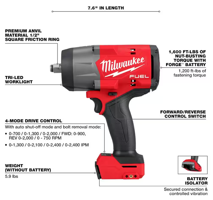 2967-20 Milwaukee M18 Fuel 1/2" High Torque Impact Wrench w/ Friction Ring (Tool Only)