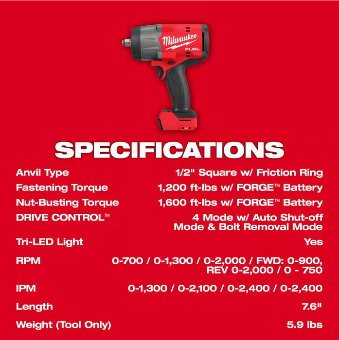 2967-20 Milwaukee M18 Fuel 1/2" High Torque Impact Wrench w/ Friction Ring (Tool Only)