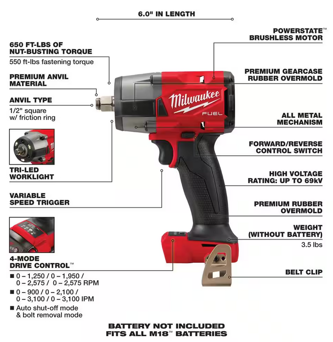 2962-20 Milwaukee M18 Fuel 1/2" Mid Torque Impact Wrench w/ Friction Ring (Tool Only)