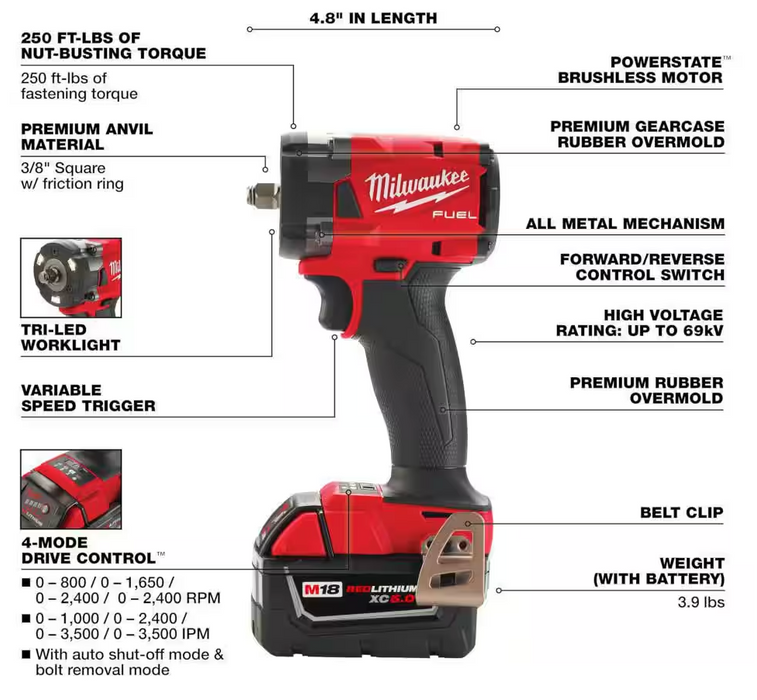 2854-22R Milwaukee M18 Fuel 3/8" Compact Impact Wrench w/ Friction Ring Kit