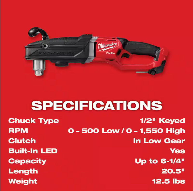 2809-20 Milwaukee M18 Fuel SUPER HAWG 1/2" Right Angle Drill (Tool Only)