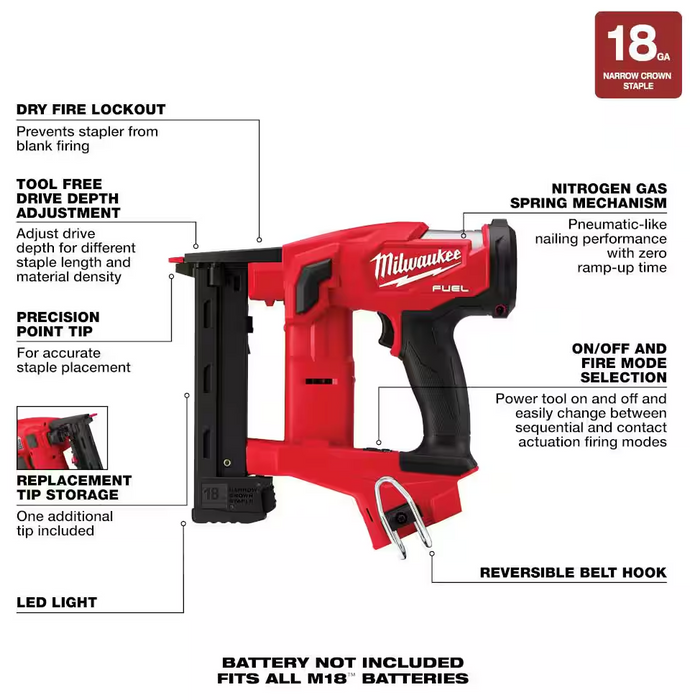 2749-20 Milwaukee M18 Brushless 18 GA 1/4" Narrow Crown Stapler (Tool Only)