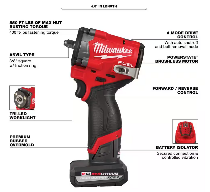 2562-20 Milwaukee M12 Fuel 3/8" Stubby Impact Driver