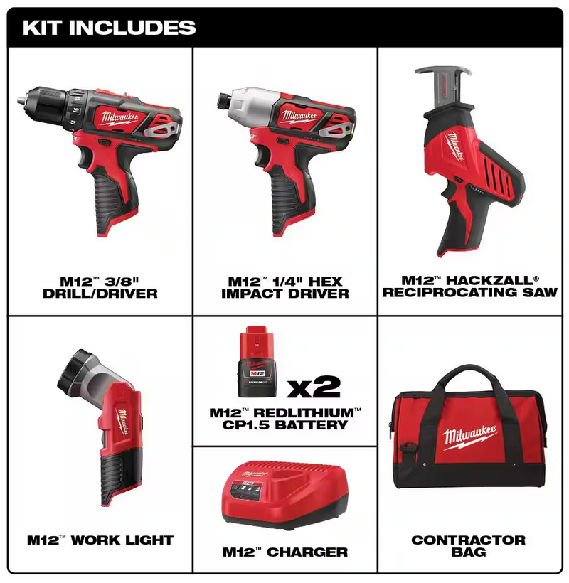2498-24 Milwaukee M12 Fuel Cordless 4-Tool Combo Kit