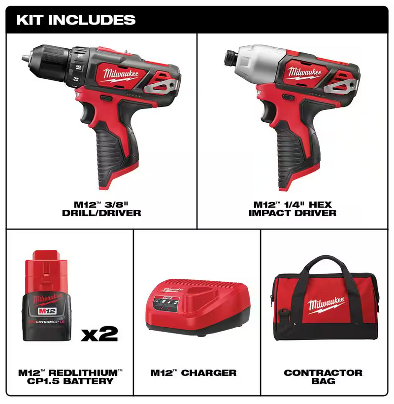 2494-22 Milwaukee M12 Fuel Cordless 2-Tool Combo Kit (2407-20, 2462-20)