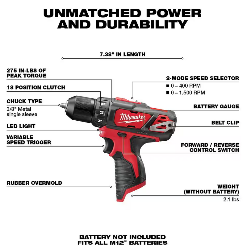 2407-20 Milwaukee M12™ 3/8” Drill/Driver (Tool Only)
