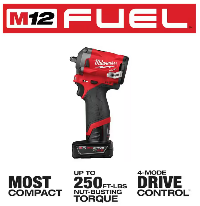 2554-22 Milwaukee M12 Fuel "Stubby" 3/8" Impact Wrench Kit