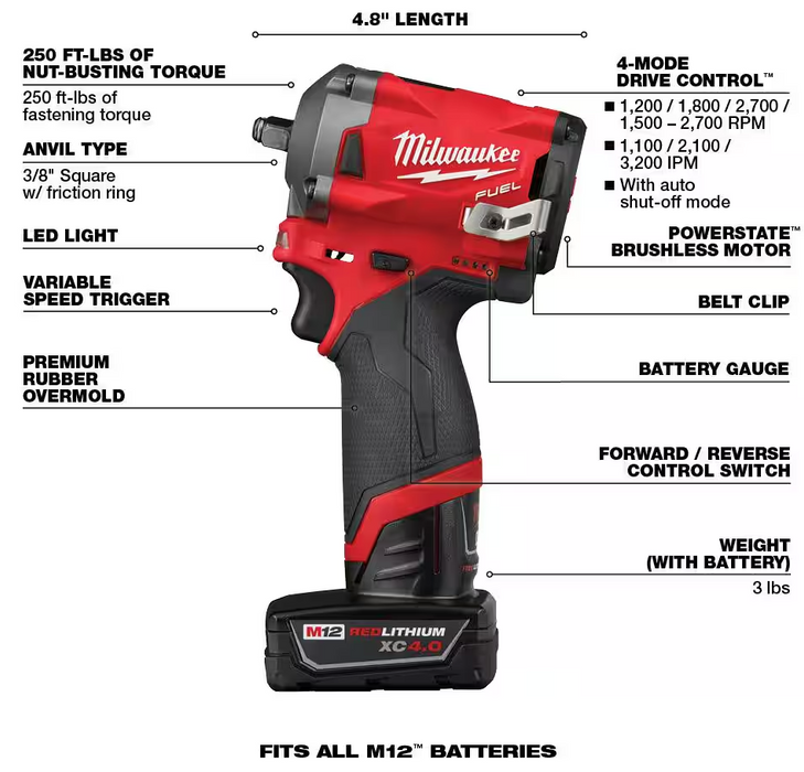 2554-22 Milwaukee M12 Fuel "Stubby" 3/8" Impact Wrench Kit