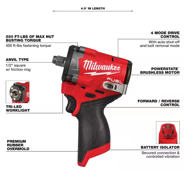 2563-20 Milwaukee M12 Fuel "Stubby" 1/2" Impact Wrench (Tool Only)