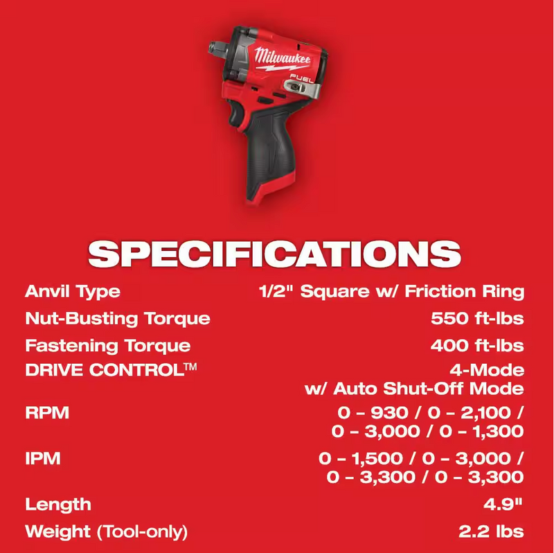 2563-20 Milwaukee M12 Fuel "Stubby" 1/2" Impact Wrench (Tool Only)