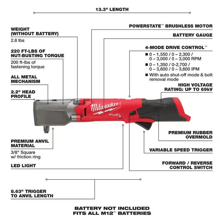 2564-20 Milwaukee M12 Fuel 3/8" Right Angle Impact Wrench (Tool Only)