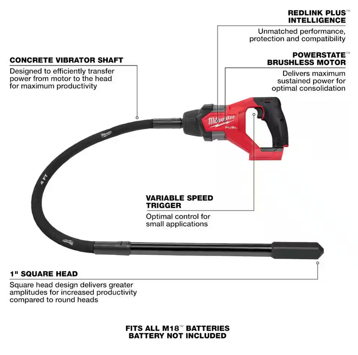 2910-20 Milwaukee M18 Fuel 4FT Concrete Pencil Vibrator (Tool Only)