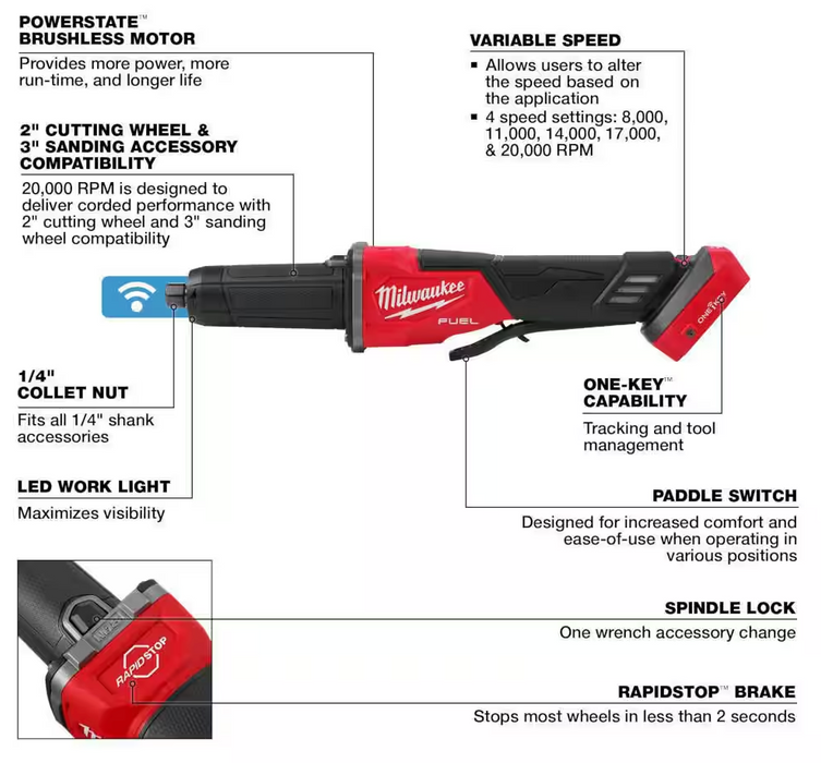 2984-20 Milwaukee M18 Fuel Variable Speed Die Grinder w/ONE-KEY (Tool Only)