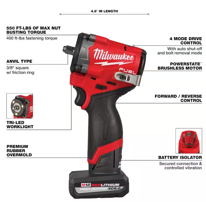 2562-22 Milwaukee M12 Fuel Stubby 3/8" Impact Wrench Kit