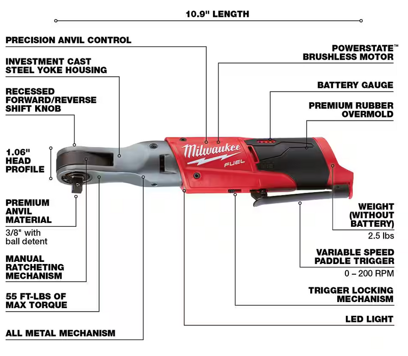 2557-20 Milwaukee M12 Fuel 3/8" Ratchet (Tool Only)