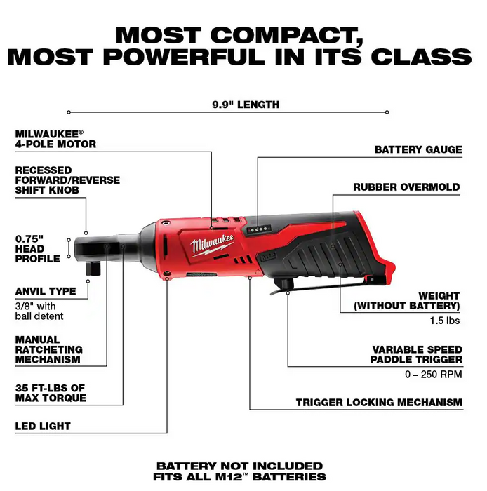 2457-20 Milwaukee M12 Fuel 3/8" Ratchet (Tool Only)