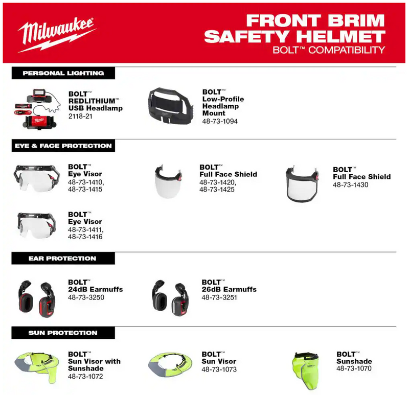 48-73-1120 Milwaukee BOLT White Front Brim Hard Hat w/6pt Ratcheting Suspension