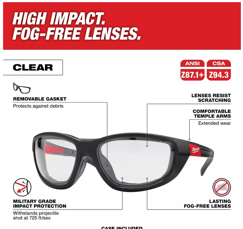 48-73-2040 Milwaukee Clear Performance Safety Glasses with Gasket