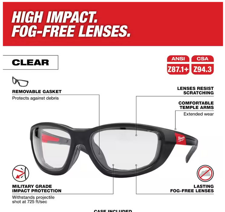 48-73-2040 Milwaukee Clear Performance Safety Glasses with Gasket