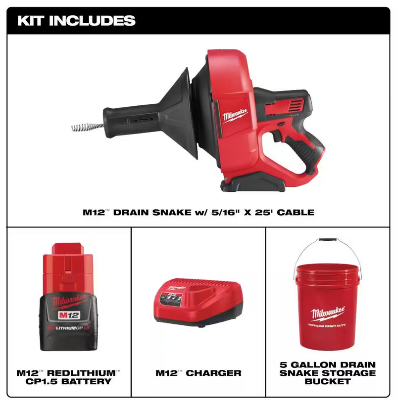 2571-21 Milwaukee M12 Fuel Drain Snake Auger Kit w/Bucket
