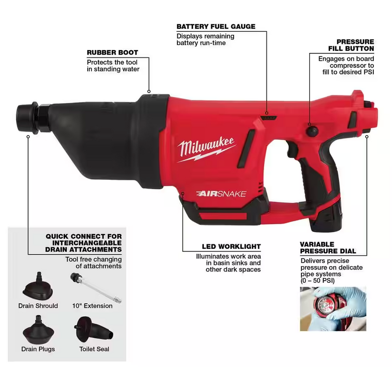 2572B-21 Milwaukee M12 Drain Cleaning Airsnake Air Gun Kit