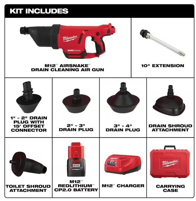 2572B-21 Milwaukee M12 Drain Cleaning Airsnake Air Gun Kit