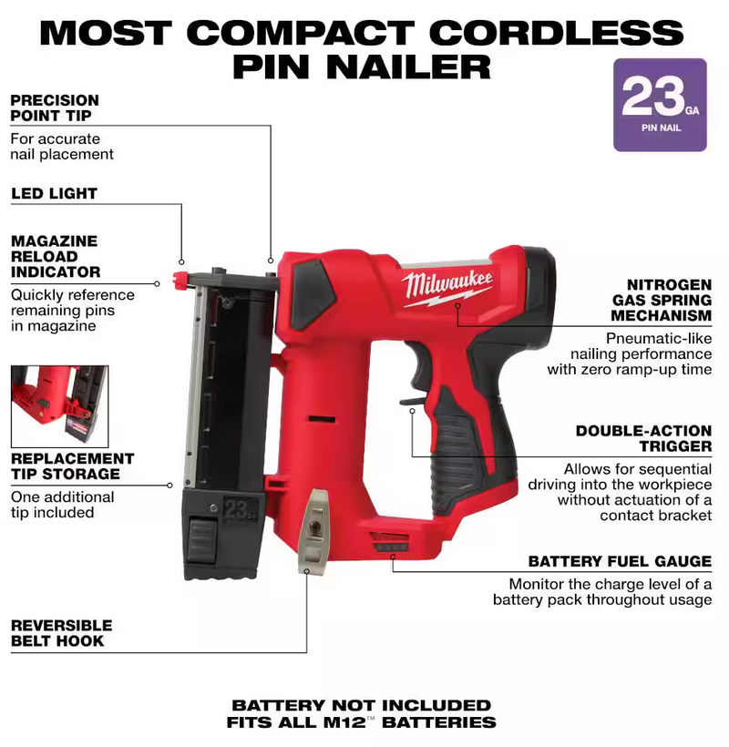 2540-20 Milwaukee M12 Fuel 23 Gauge Pin Nailer (Tool Only)