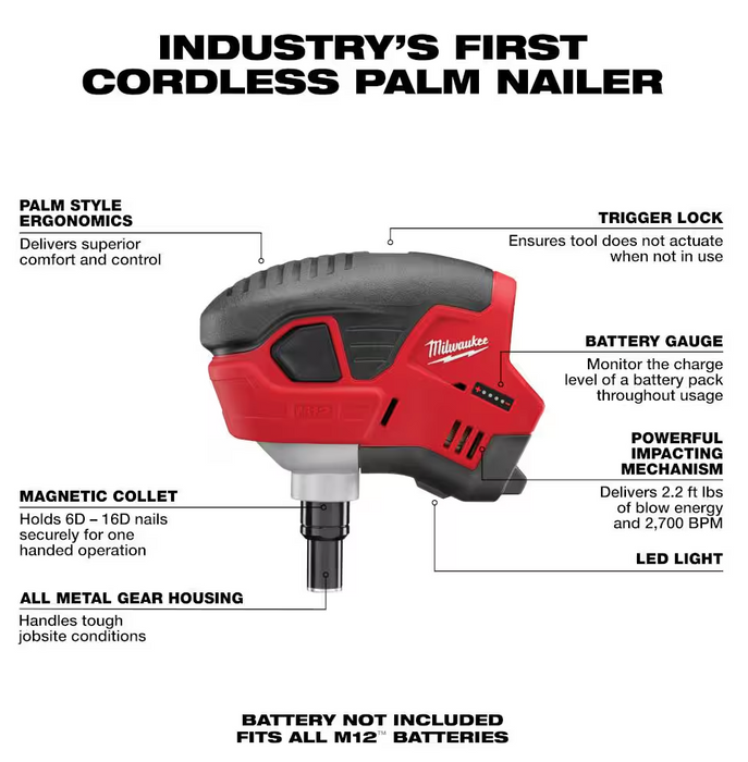 2458-20 Milwaukee M12 Fuel Palm Nailer (Tool Only)