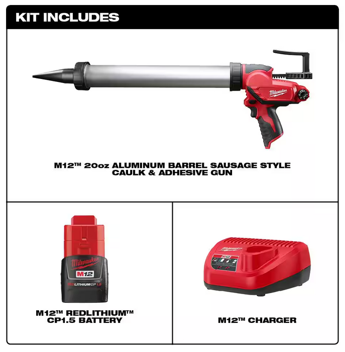 2442-21 Milwaukee M12 Caulk Gun w/ Aluminum Barrel Kit