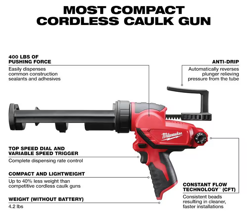 2441-20 Milwaukee M12 Fuel Adhesive & Caulk Gun (Tool Only)