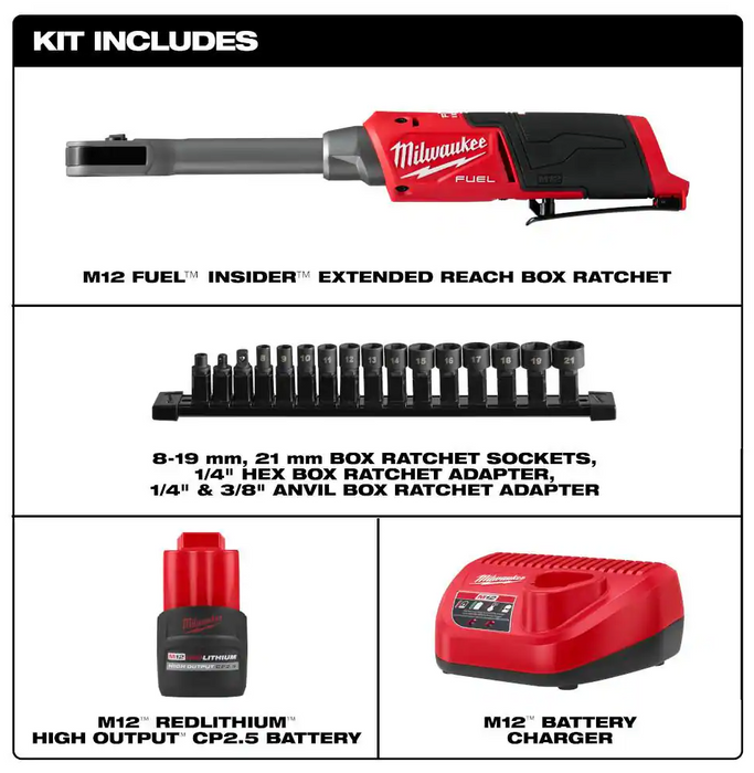 3050-21 Milwaukee M12 Fuel INSIDER Extended Reach Box Ratchet Kit