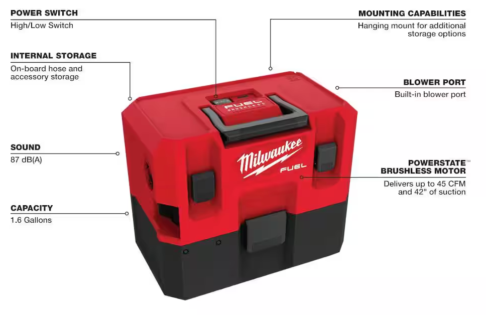 0960-20 Milwaukee M12 Fuel 1.6 Gallon Wet/Dry Vac (Tool Only)